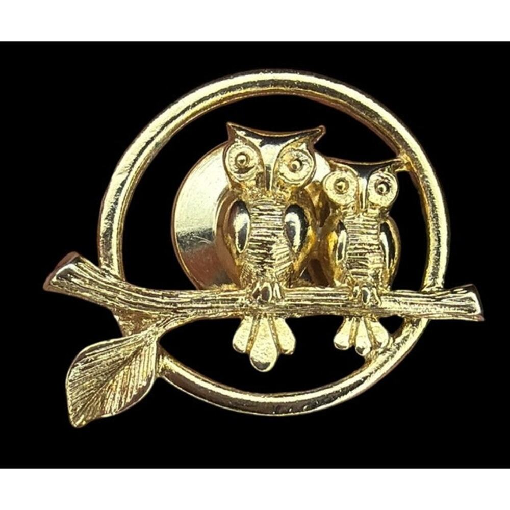 Vtg 70s 80s Owls on Branch Avon Gold Tone Pin Brooch Wise Librarian Cute Gift
